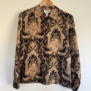 Talbots baroque gold & Black button-up Silk blouse Size: 6